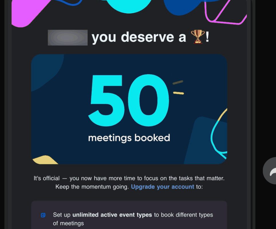 Calendly milestone notification reading fifty meetings booked