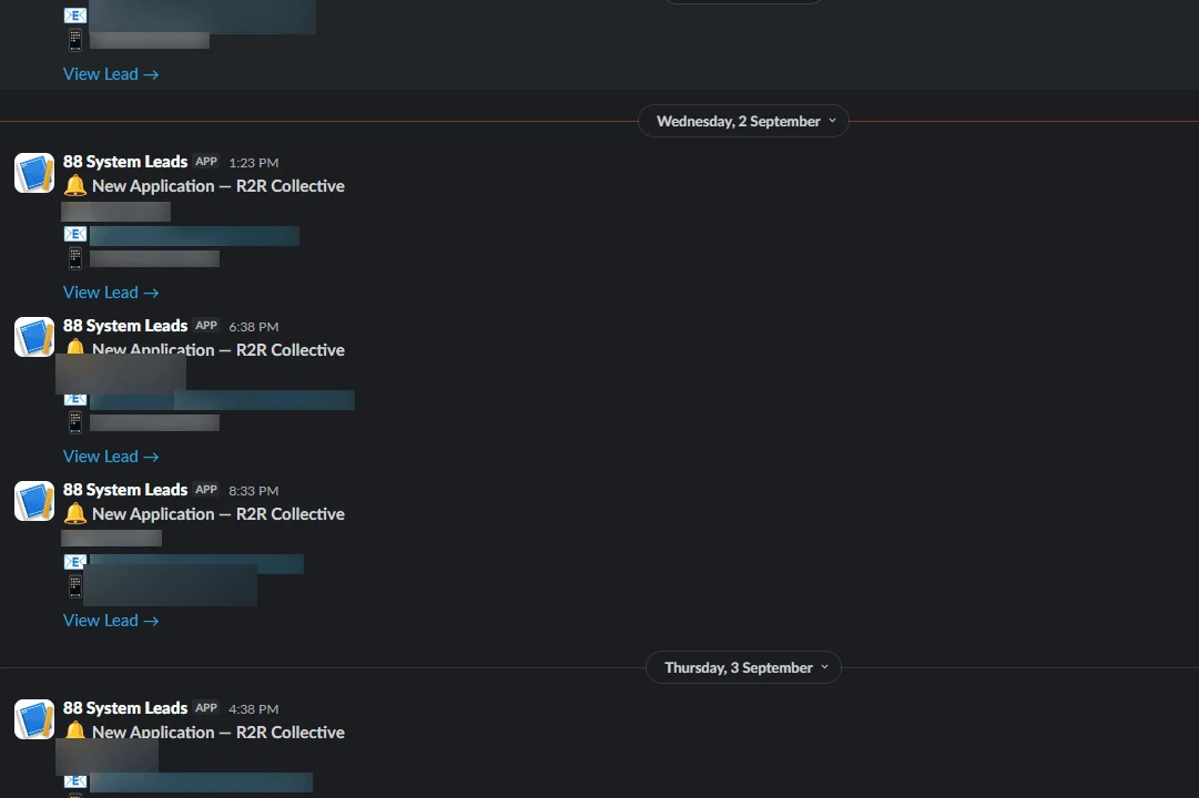 Applications arriving into his channel, personal details blurred