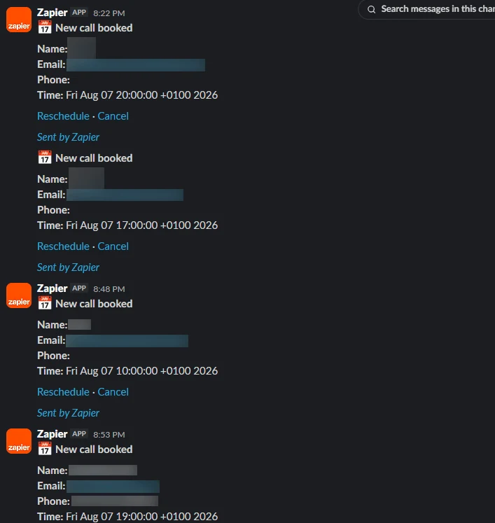 Four new-call-booked notifications inside thirty-one minutes, personal details blurred