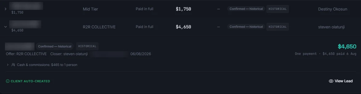 A deal record in the 88 System against the R2R Collective offer, paid in full, customer name blurred